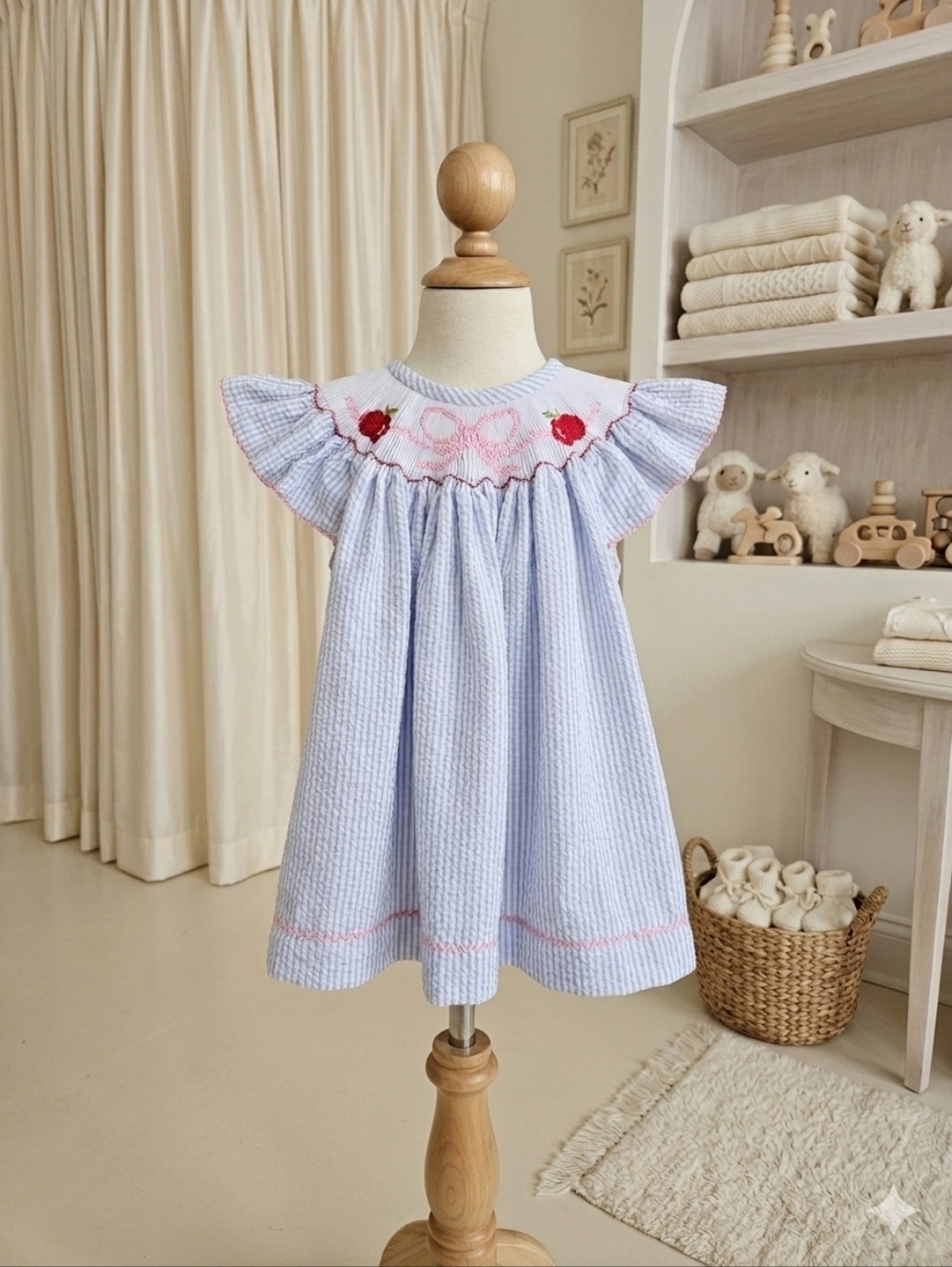 Blue & White Seersucker Apple Smocked Dress 🍎🎀 | Southern Smocked Company | 9M